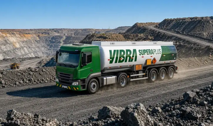 Caminhão-tanque da linha Vibra Supera Plus, com cabine verde e tanque branco, trafegando por uma estrada de terra em uma mina a céu aberto. Ao fundo, há grandes taludes de rocha e áreas escavadas, sob céu azul e sem nuvens. O veículo levanta poeira enquanto percorre o terreno acidentado, reforçando o contexto de operação em ambiente de mineração.